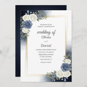 青エレガント水色フローラ結婚式招待状 招待状 (正面/裏面)