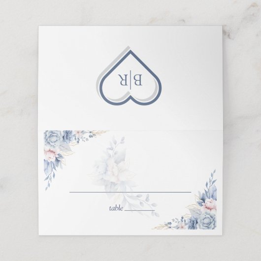 青エレガント水色フローラ結婚 プレイスカード (外部開封)