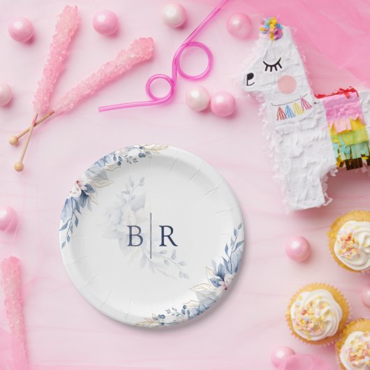 青エレガント水色フローラ結婚 ペーパープレート (パーティー)