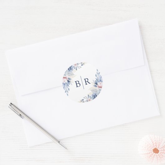 青エレガント水色フローラ結婚 ラウンドシール (封筒)