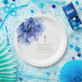 青エレガント水色フローラ聖餐式 ペーパープレート (パーティー)