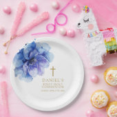 青エレガント水色フローラ聖餐式 ペーパープレート (パーティー)