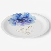 青エレガント水色フローラ聖餐式 ペーパープレート (アングル)