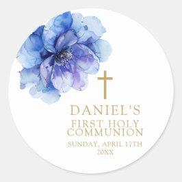 青エレガント水色フローラ聖餐式 ラウンドシール