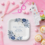 青エレガント水色フローラ赤ちゃんシャワー ペーパープレート (パーティー)