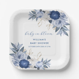 青エレガント水色フローラ赤ちゃんシャワー ペーパープレート