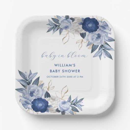 青エレガント水色フローラ赤ちゃんシャワー ペーパープレート (正面)