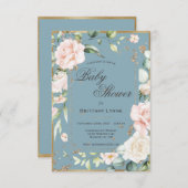 青エレガント水色フローラ赤ちゃんシャワー 招待状 (正面/裏面)