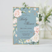 青エレガント水色フローラ赤ちゃんシャワー 招待状 (スタンド正面)