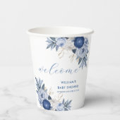 青エレガント水色フローラ赤ちゃんシャワー 紙コップ (裏面)