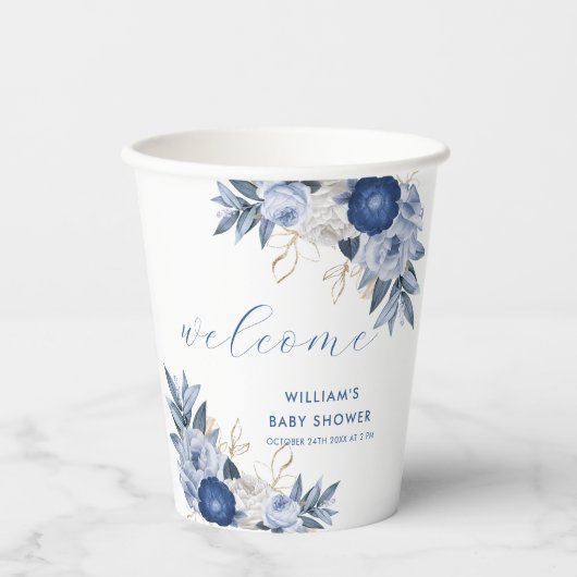 青エレガント水色フローラ赤ちゃんシャワー 紙コップ (正面)