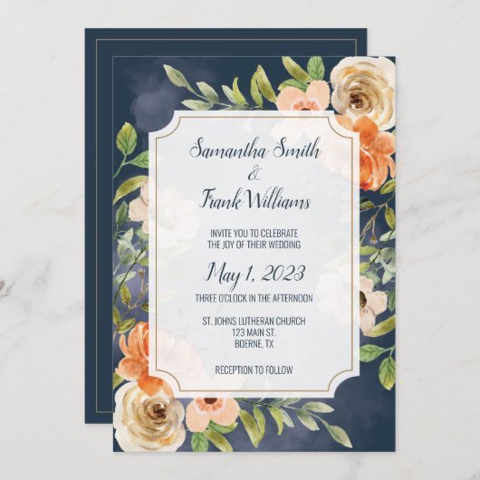 青エレガント水色フローラ 招待状 (正面/裏面)