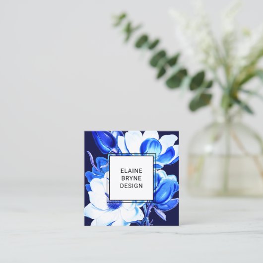 青エレガント水色マグノリアフローラスクエアスクー スクエア名刺 (スタンド正面)