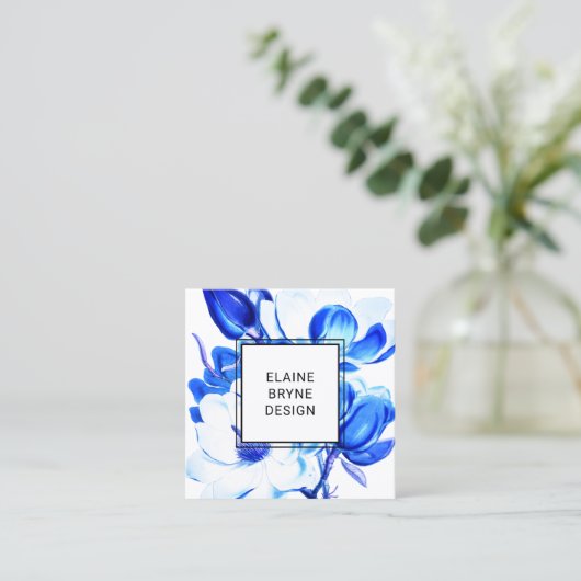 青エレガント水色マグノリアフローラスクエアスクー スクエア名刺 (スタンド正面)