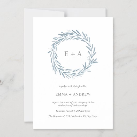 青エレガント水色リース結婚式招待状 マグネット招待状 (正面)