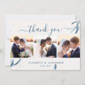 青エレガント水色ロマ結婚ティック3枚の写真 サンキューカード (正面)