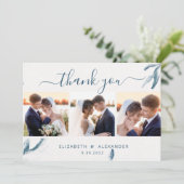 青エレガント水色ロマ結婚ティック3枚の写真 サンキューカード (スタンド正面)