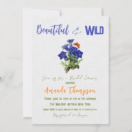 青エレガント水色ワイルドフラワーフローラブライダル 招待状 (正面)