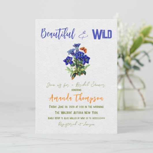 青エレガント水色ワイルドフラワーフローラブライダル 招待状 (スタンド正面)