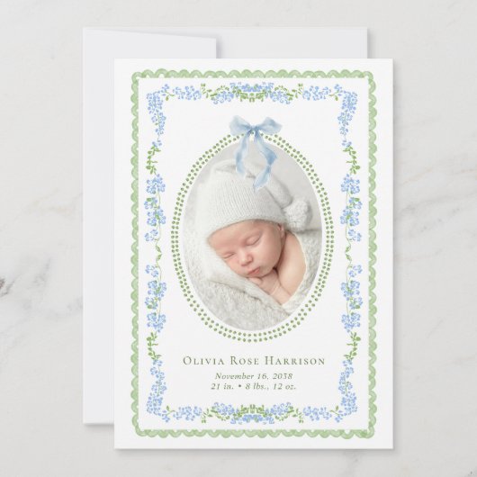 青エレガント水色枠フォト誕生 案内状 (正面)