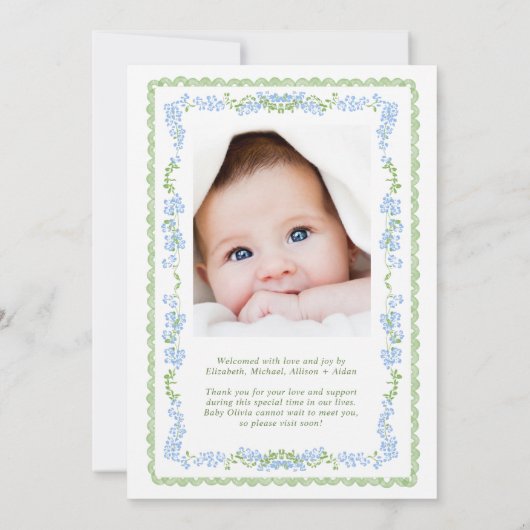 青エレガント水色枠フォト誕生 案内状 (裏面)