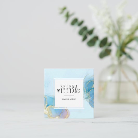 青エレガント水色正方形デザインとQRコード スクエア名刺 (スタンド正面)