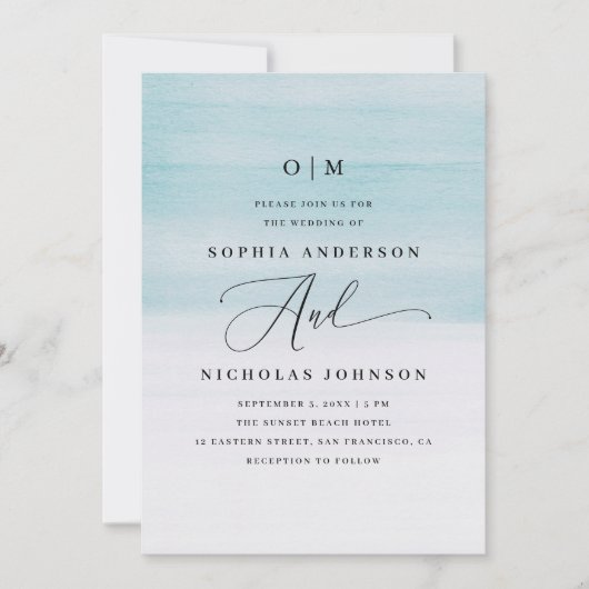 青エレガント水色結婚の | スクリプト航海の 招待状 (正面)