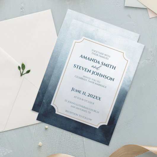 青エレガント水色結婚の 招待状