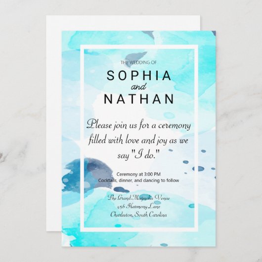 青エレガント水色結婚式招待状 招待状 (正面/裏面)