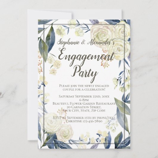 青エレガント水色花婚約パーティ 招待状 (正面)