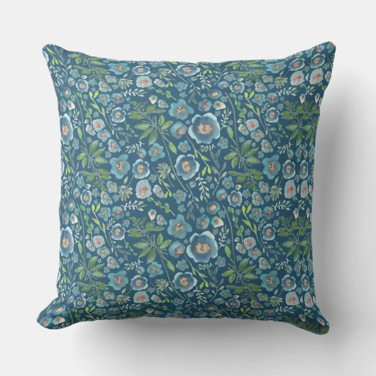 青エレガント水色花柄 クッション (正面)