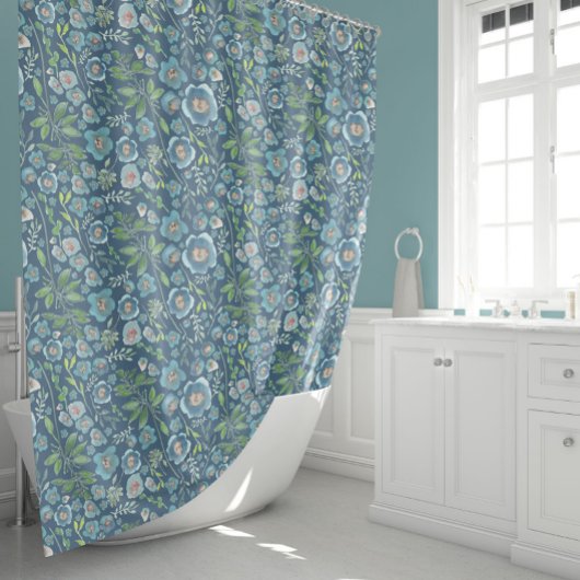 青エレガント水色花柄 シャワーカーテン