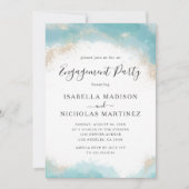 青エレガント水色金ゴールド婚約パーティ 招待状 (正面)