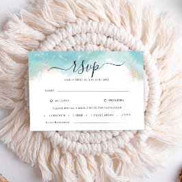 青エレガント水色金ゴールド結婚式RSVPカード 出欠カード