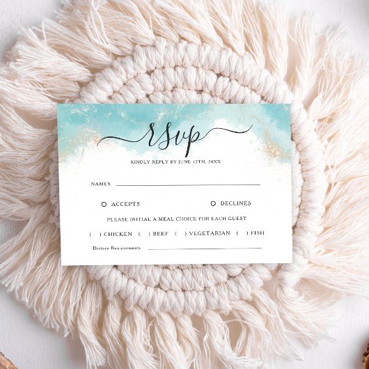 青エレガント水色金ゴールド結婚式RSVPカード 出欠カード