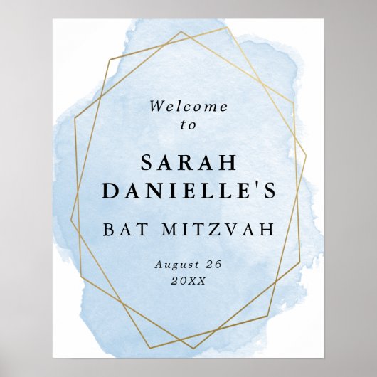青エレガント水色、金ゴールドフレーム歓迎ポスター ポスター (正面)