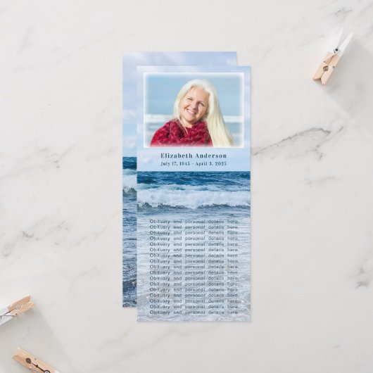 青エレガント波葬記念フォトカード カード (正面/裏面インサイチュ)