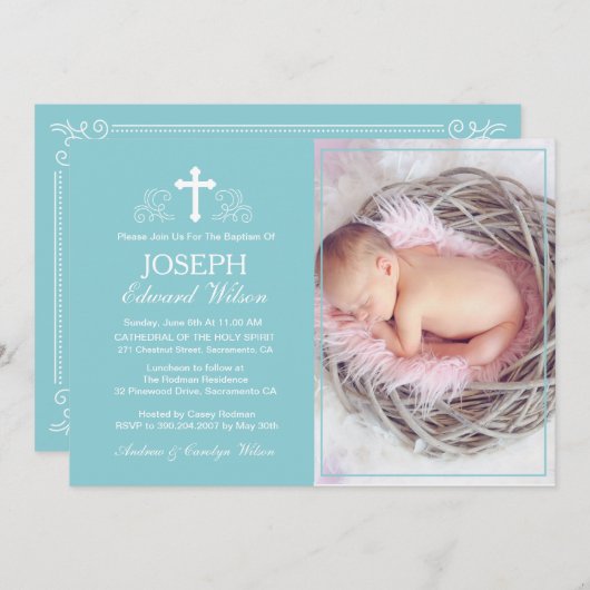 青エレガント洗礼写真招待状カード 招待状 (正面/裏面)
