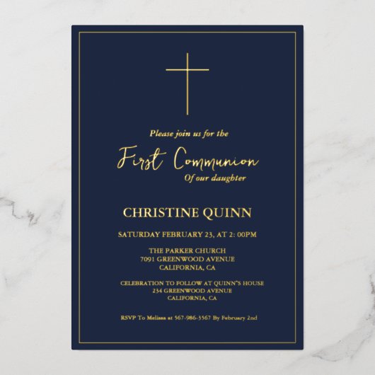 青エレガント海軍と金ゴールド第一聖餐式 箔招待状 (正面)