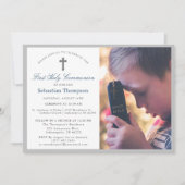 青エレガント海軍ストライプ写真第1聖餐式 招待状 (正面)