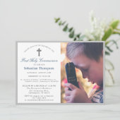 青エレガント海軍ストライプ写真第1聖餐式 招待状 (スタンド正面)