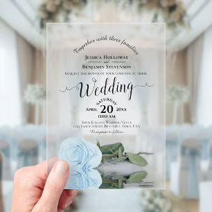 青エレガント淡い色のバラレースのよう書道結婚の アクリル招待状