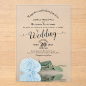 青エレガント淡い色のバラレースのよう書道結婚の アクリル招待状 (正面)