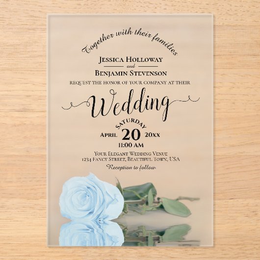 青エレガント淡い色のバラレースのよう書道結婚の アクリル招待状 (正面)