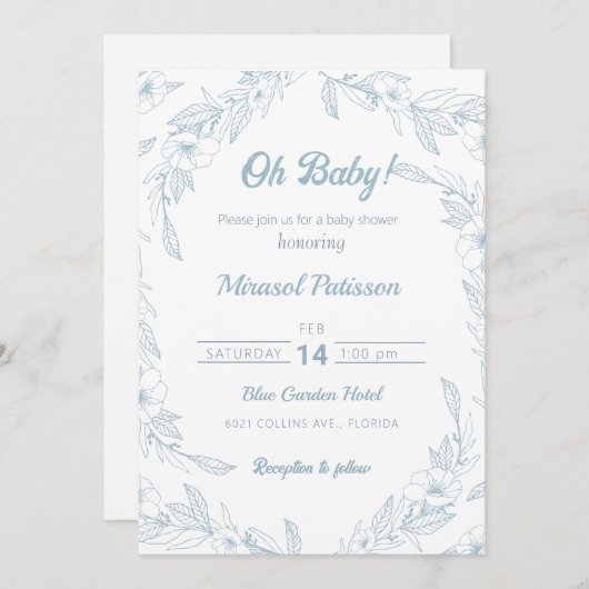 青エレガント淡い色のフローラベビーシャワー招待状 招待状 (正面/裏面)