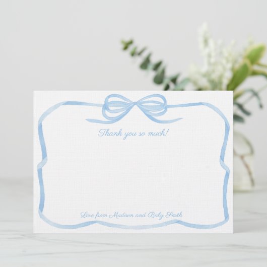 青エレガント淡い色の弓ボーイベビーシャワー写真 サンキューカード (スタンド正面)