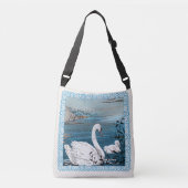 青エレガント湖のベビーと白い母の白鳥 クロスボディバッグ (正面)