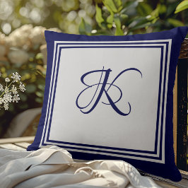 青エレガント灰色の正方形パターンイニシャルモノグラム クッション