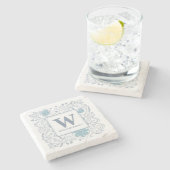 青エレガント灰色フローラモノグラムの ストーンコースター (横)