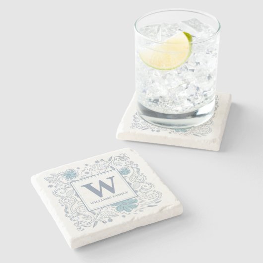 青エレガント灰色フローラモノグラムの ストーンコースター (横)